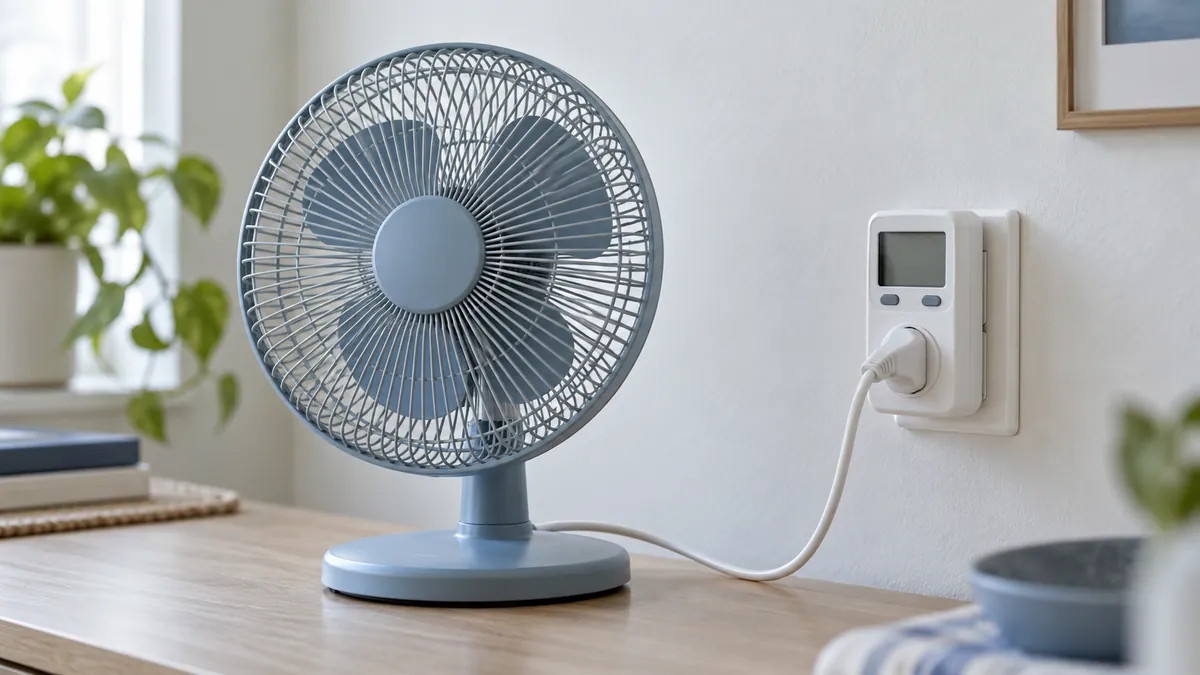Household fan connected through a plug-in power meter at a wall socket.