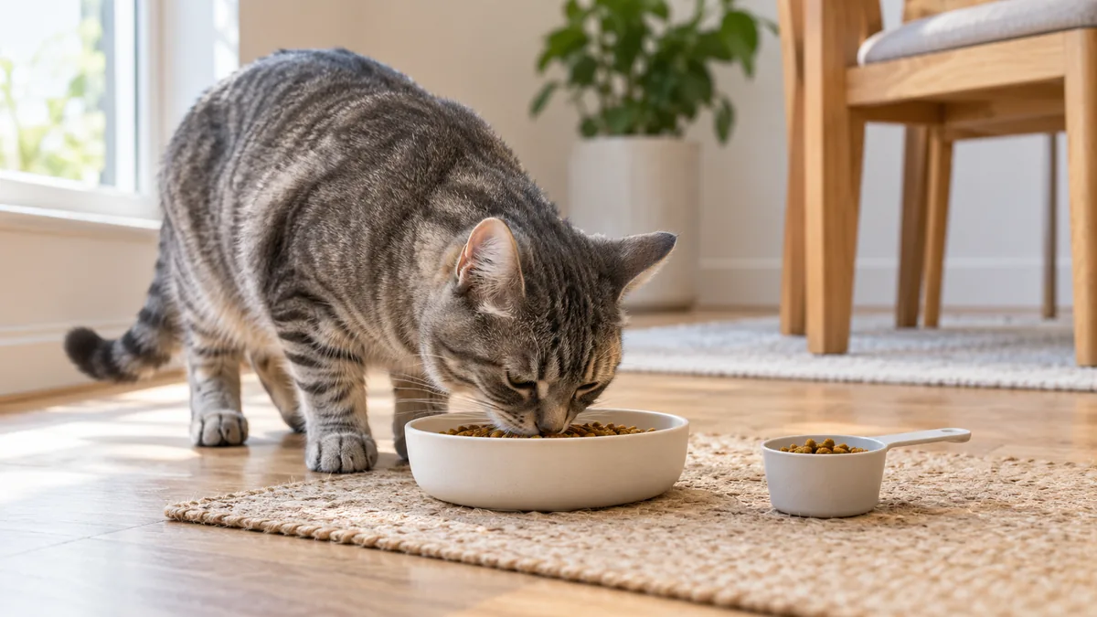 Gray tabby cat eating from a shallow ceramic bowl with a separate kibble scoop nearby.