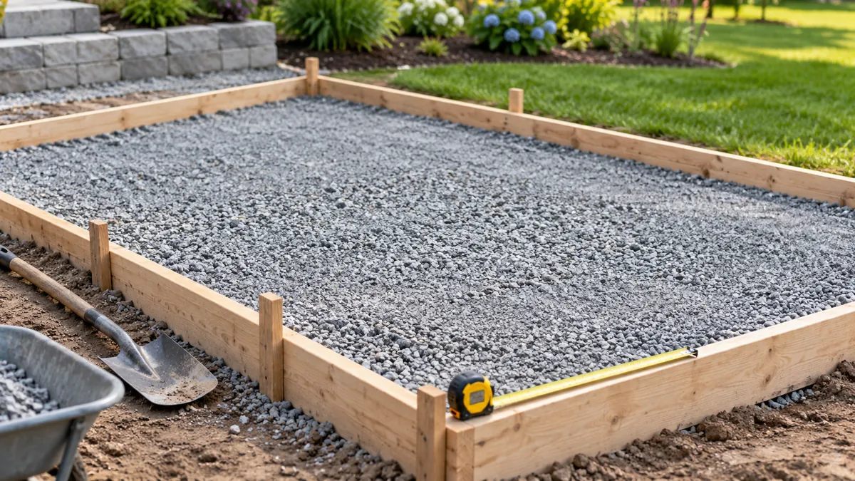 Timber forms outlining a rectangular slab on a gravel base with measuring tools nearby.