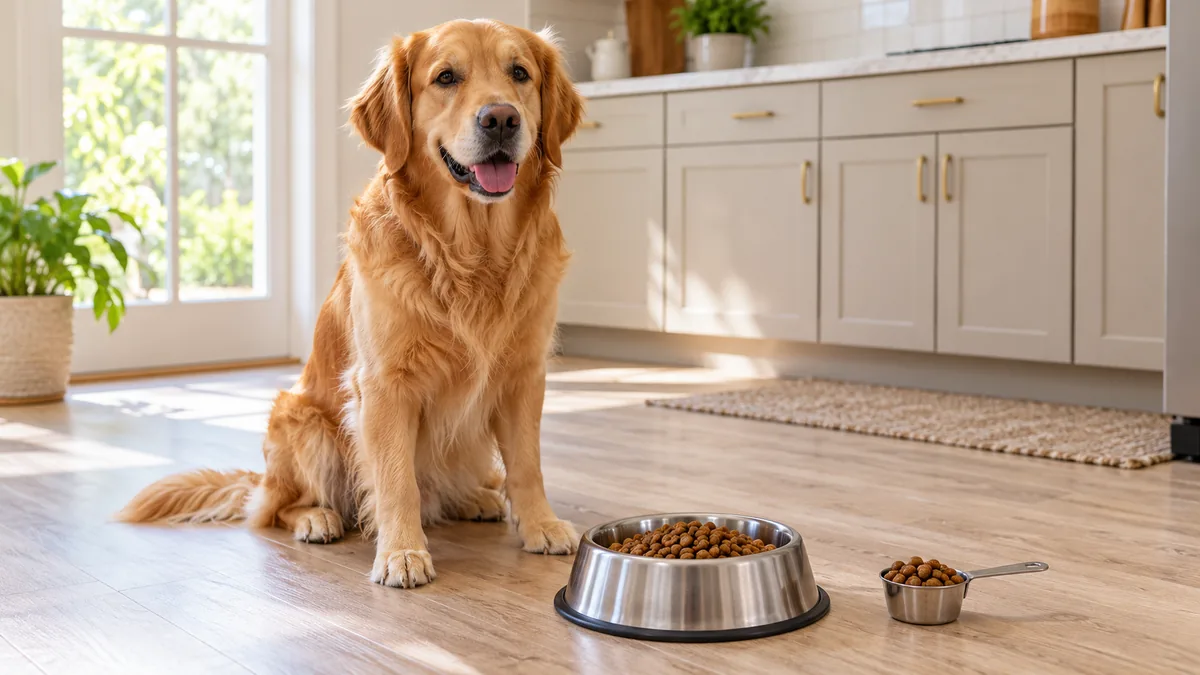 Golden dog sitting beside a stainless steel bowl of kibble and a measuring scoop on a kitchen floor.