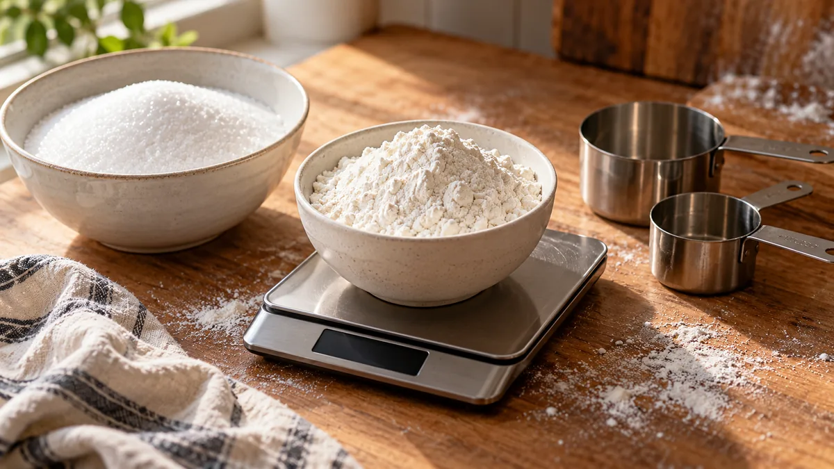 Bowls of granulated sugar and flour with metal measuring cups and a digital kitchen scale on a wooden counter.