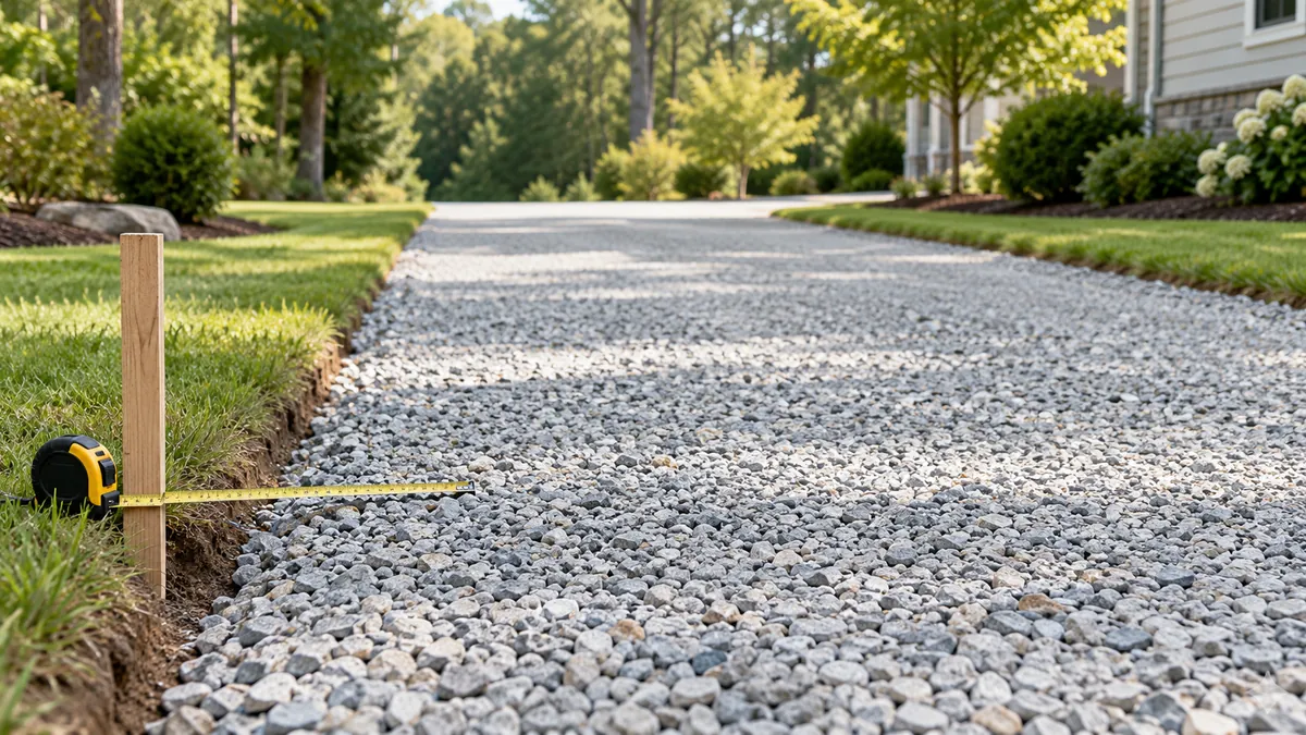Crushed-stone driveway beside grass, with a measuring stake at the edge.
