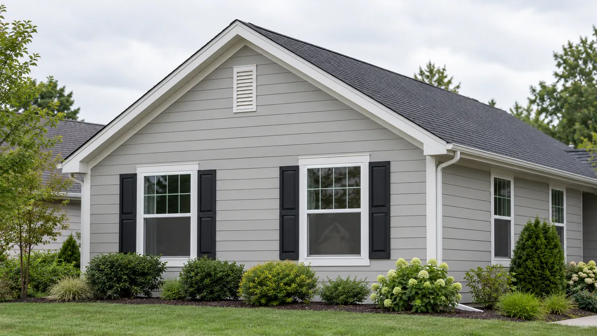 Simple gable roof on a single-story house, viewed from ground level with its triangular end and shingled slope visible.