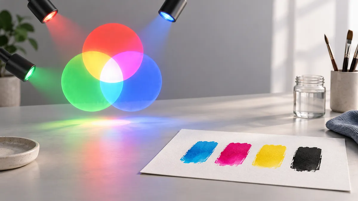 Overlapping red, green and blue light beside cyan, magenta, yellow and black paint swatches.